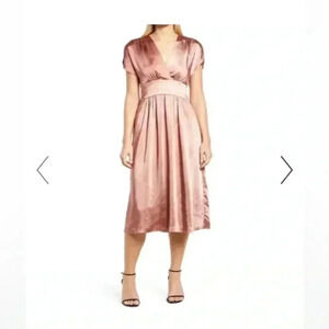 AnneKlein V neck satin midi dress in Rose
